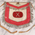 Lot 011 - Antique Odd Fellows I.O.O.F. Fraternal Apron With Embroidered Crossed Swords And Hand Painted All-Seeing-Eye Motifs, Silver Toned Fringe, Red Coloring