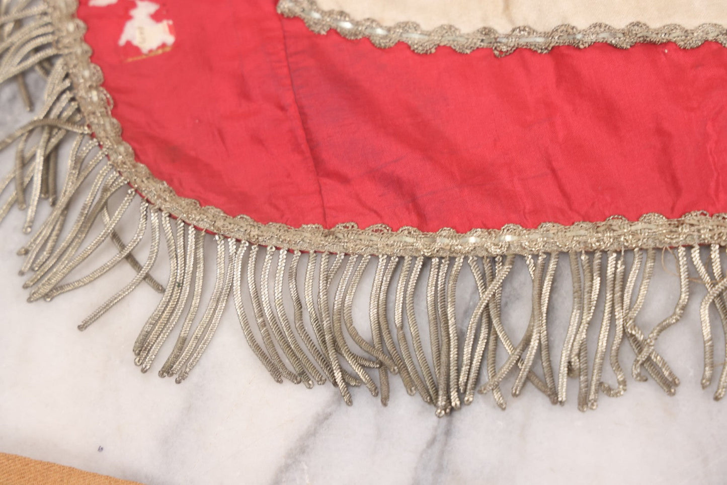 Lot 011 - Antique Odd Fellows I.O.O.F. Fraternal Apron With Embroidered Crossed Swords And Hand Painted All-Seeing-Eye Motifs, Silver Toned Fringe, Red Coloring