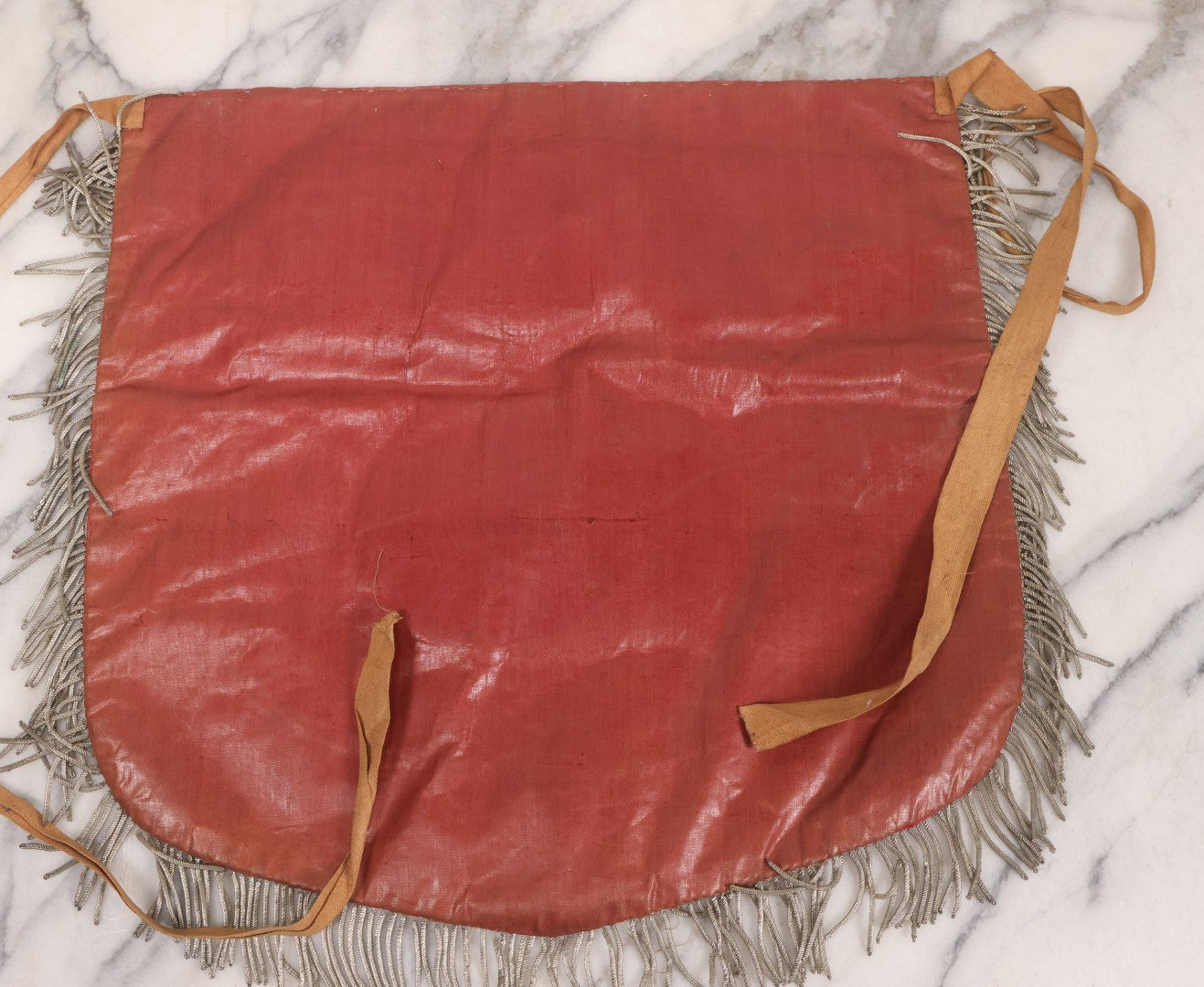 Lot 011 - Antique Odd Fellows I.O.O.F. Fraternal Apron With Embroidered Crossed Swords And Hand Painted All-Seeing-Eye Motifs, Silver Toned Fringe, Red Coloring