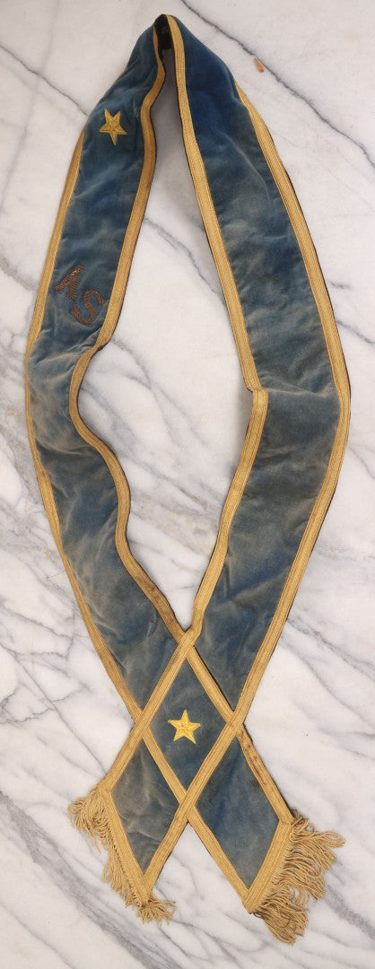 Lot 012 - Grouping Of Three Antique Blue Knights Of Pythias Fraternal Sash Collars With Blue Coloring, Yellow Trim, Star Design, Manufactured By Fuller Regalia & Costume Co., Dorward Trademark, Worcester, Massachusetts