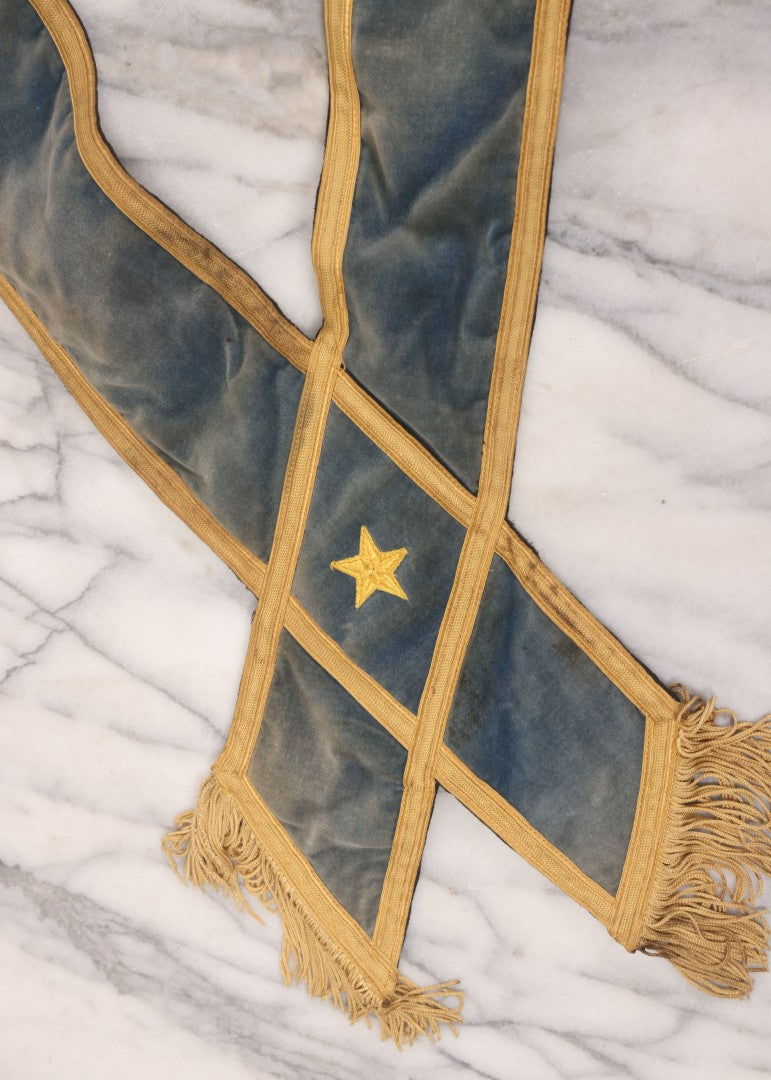 Lot 012 - Grouping Of Three Antique Blue Knights Of Pythias Fraternal Sash Collars With Blue Coloring, Yellow Trim, Star Design, Manufactured By Fuller Regalia & Costume Co., Dorward Trademark, Worcester, Massachusetts