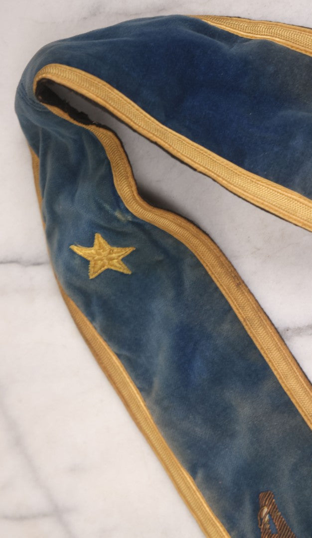 Lot 012 - Grouping Of Three Antique Blue Knights Of Pythias Fraternal Sash Collars With Blue Coloring, Yellow Trim, Star Design, Manufactured By Fuller Regalia & Costume Co., Dorward Trademark, Worcester, Massachusetts