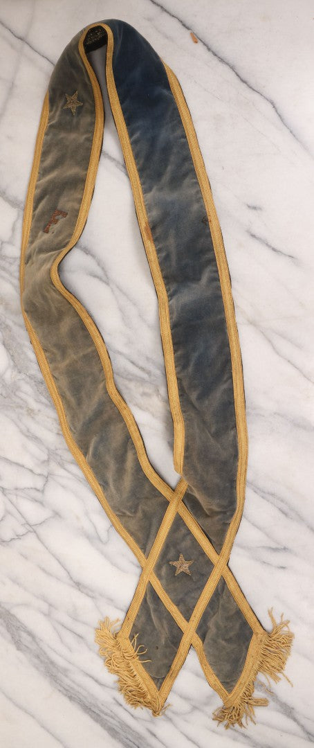 Lot 012 - Grouping Of Three Antique Blue Knights Of Pythias Fraternal Sash Collars With Blue Coloring, Yellow Trim, Star Design, Manufactured By Fuller Regalia & Costume Co., Dorward Trademark, Worcester, Massachusetts