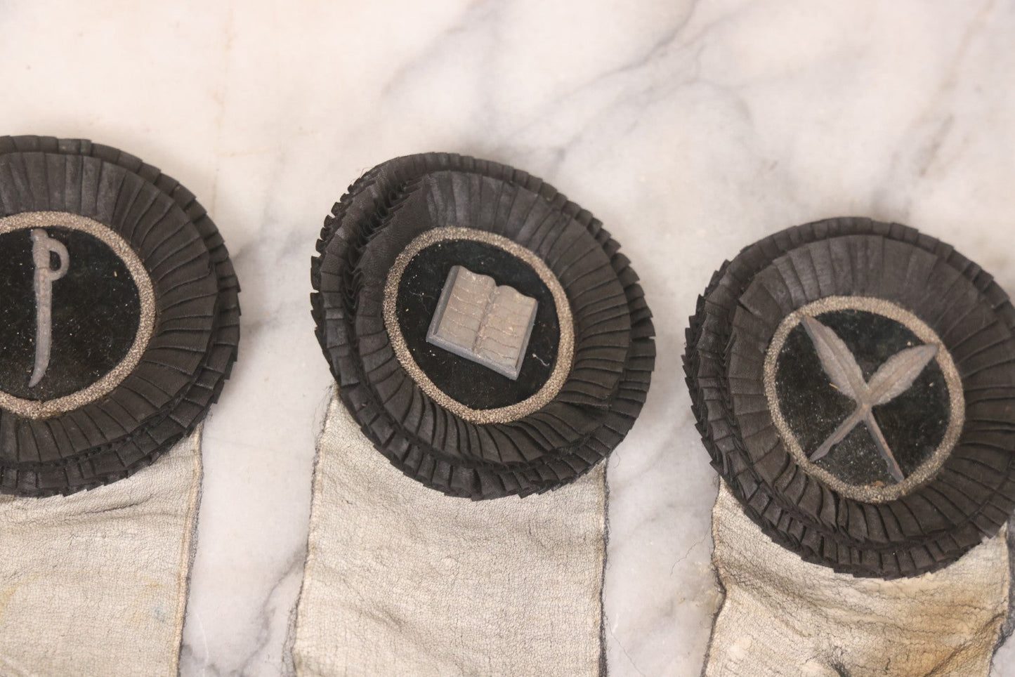 Lot 013 - Grouping Of 15+ Antique Knights Of Pythias Fraternal Badges And Ribbons With Black Coloring, White Ribbons With Black Veil Covering, Pressed Metal Insignia, Myrtle Lodge No. 19, K.P., Kennebunk, Maine