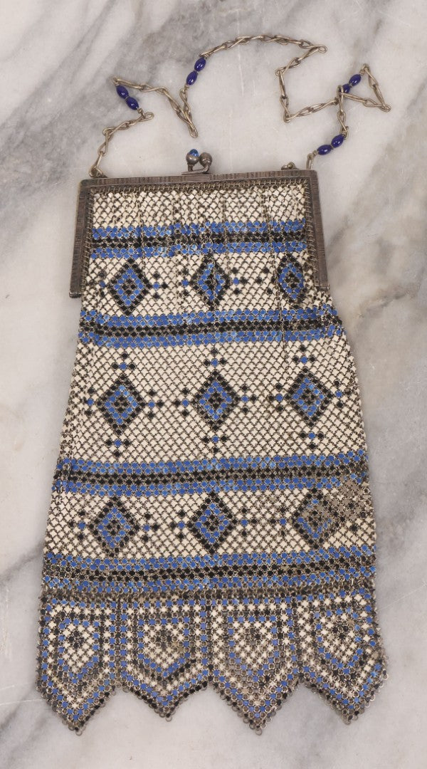 Lot 016 - Antique Enameled Metal Mesh Flapper Purse With Blue, Black, And White Coloring, Geometric Pattern, Manufactured By Whiting And Davis Co., Circa 1920s