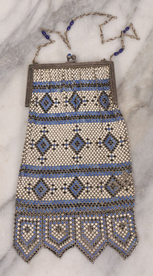 Lot 016 - Antique Enameled Metal Mesh Flapper Purse With Blue, Black, And White Coloring, Geometric Pattern, Manufactured By Whiting And Davis Co., Circa 1920s