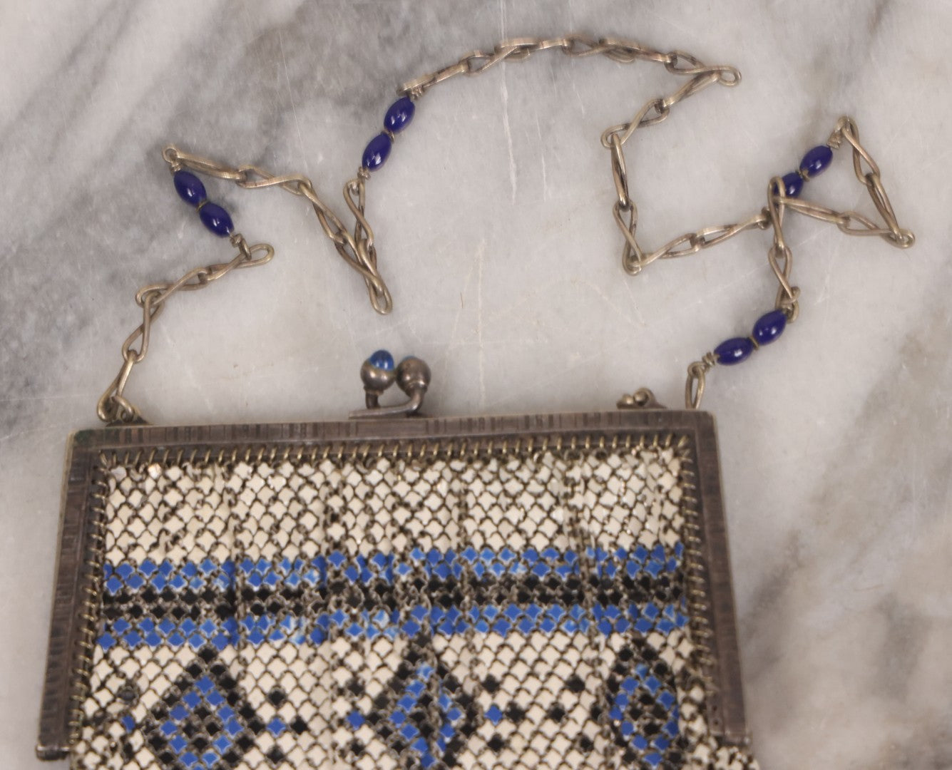 Lot 016 - Antique Enameled Metal Mesh Flapper Purse With Blue, Black, And White Coloring, Geometric Pattern, Manufactured By Whiting And Davis Co., Circa 1920s