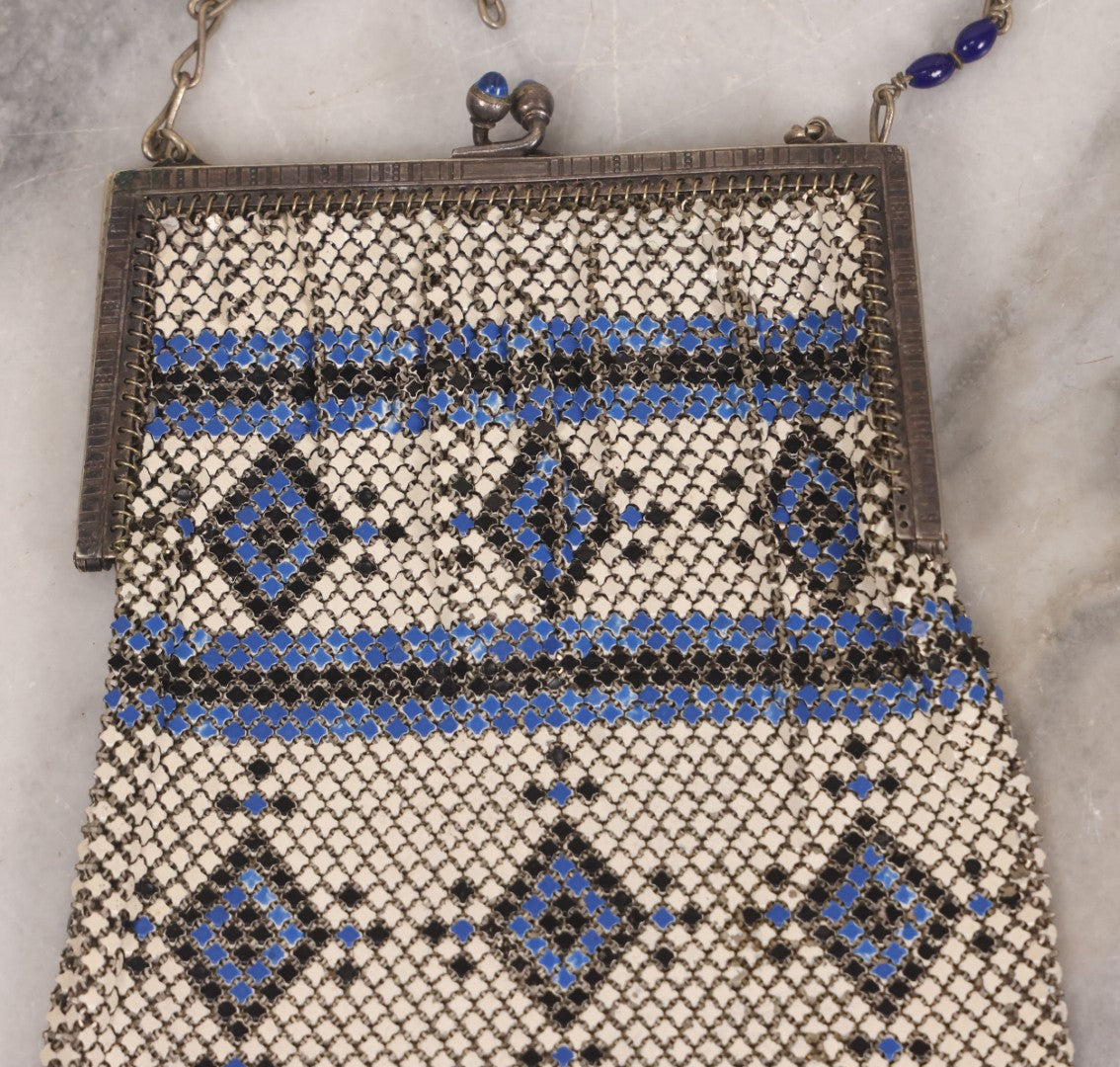 Lot 016 - Antique Enameled Metal Mesh Flapper Purse With Blue, Black, And White Coloring, Geometric Pattern, Manufactured By Whiting And Davis Co., Circa 1920s