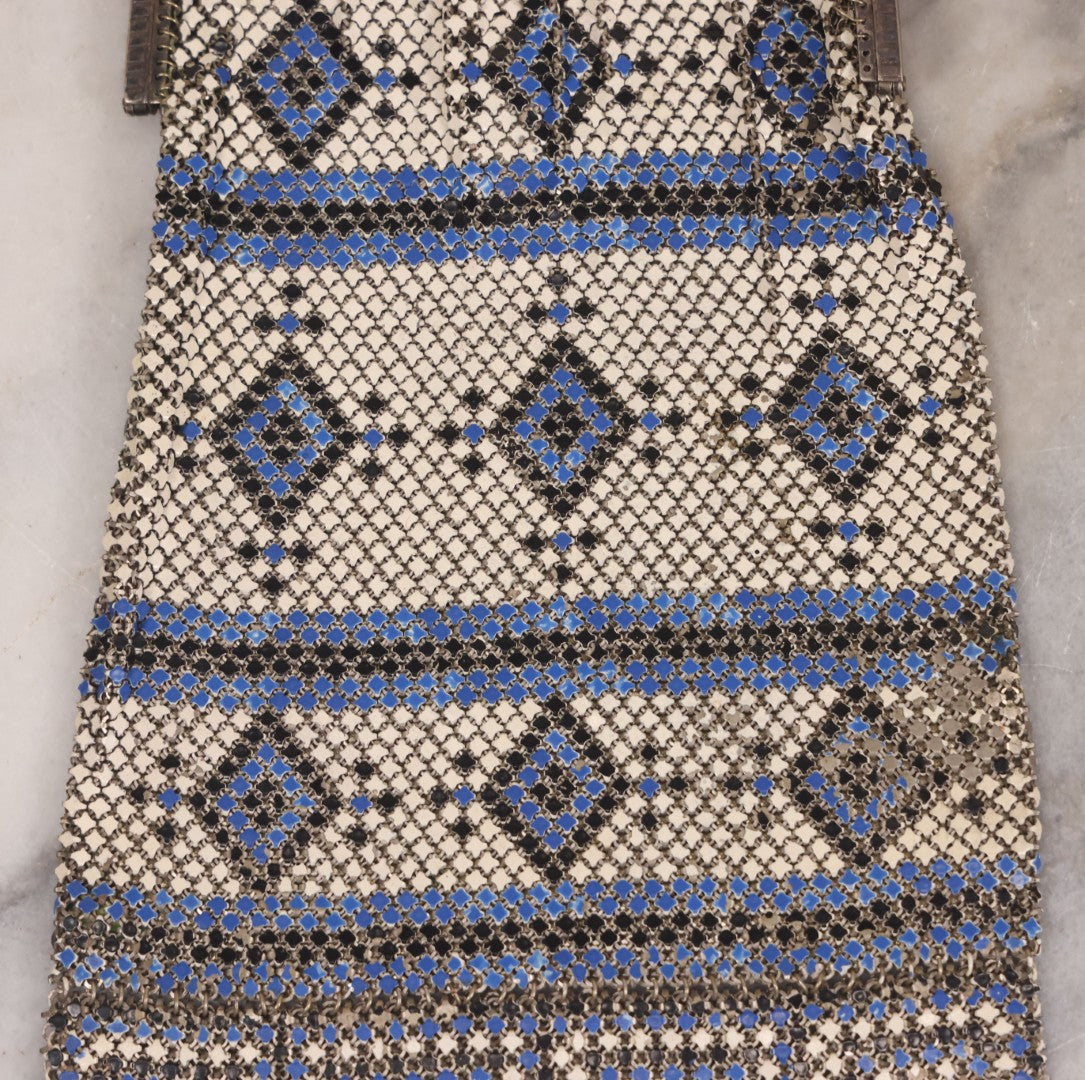 Lot 016 - Antique Enameled Metal Mesh Flapper Purse With Blue, Black, And White Coloring, Geometric Pattern, Manufactured By Whiting And Davis Co., Circa 1920s