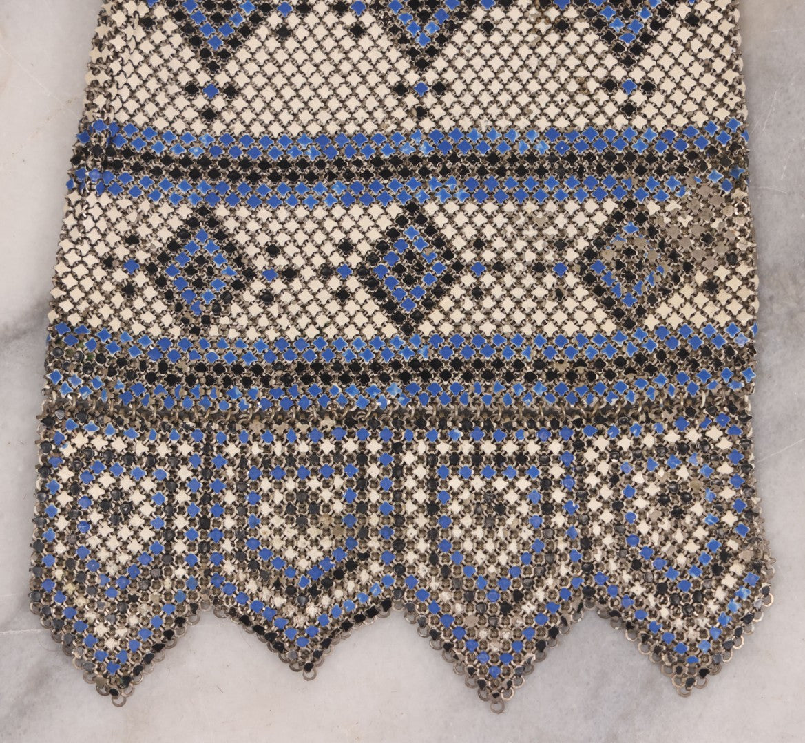 Lot 016 - Antique Enameled Metal Mesh Flapper Purse With Blue, Black, And White Coloring, Geometric Pattern, Manufactured By Whiting And Davis Co., Circa 1920s