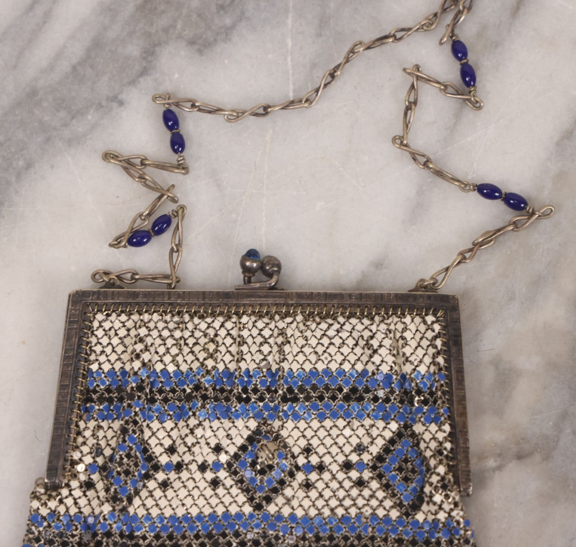 Lot 016 - Antique Enameled Metal Mesh Flapper Purse With Blue, Black, And White Coloring, Geometric Pattern, Manufactured By Whiting And Davis Co., Circa 1920s