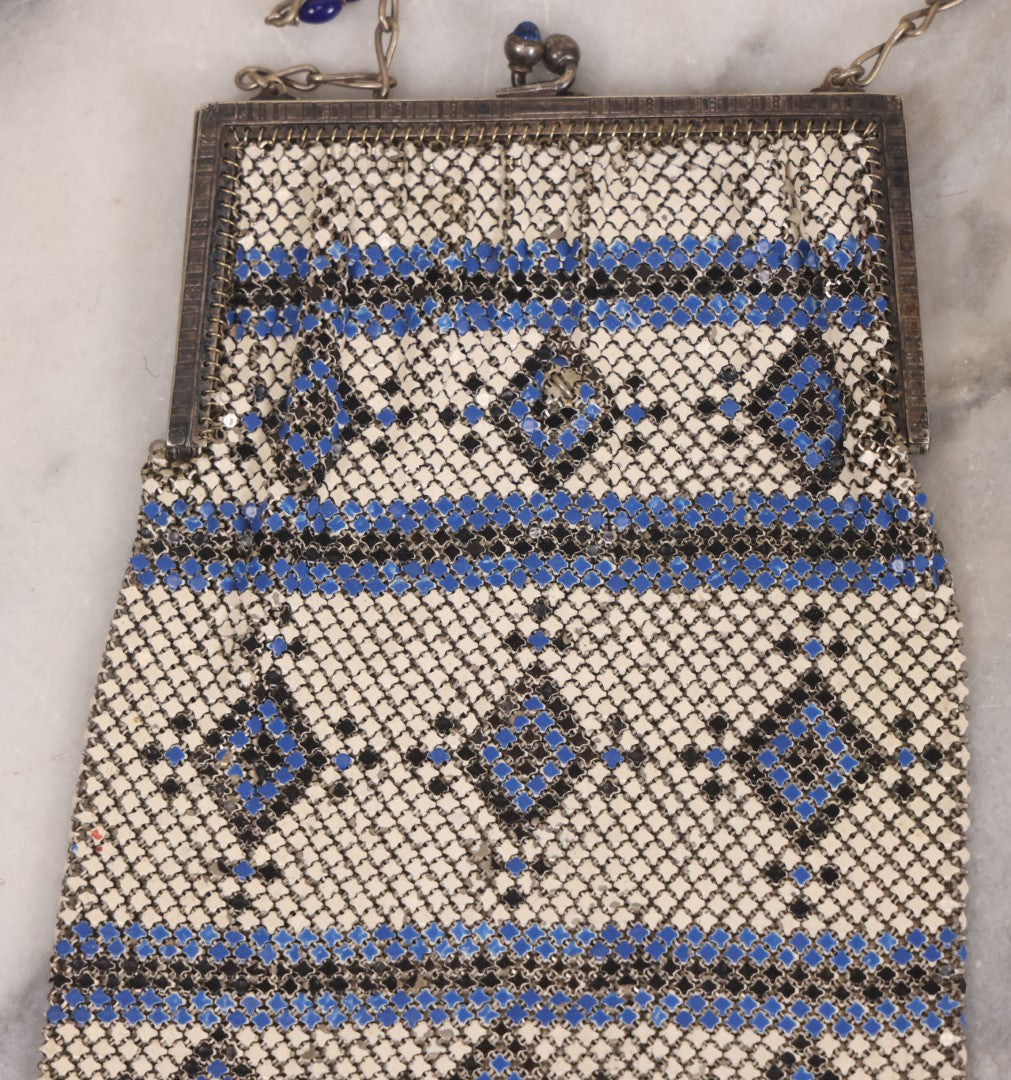 Lot 016 - Antique Enameled Metal Mesh Flapper Purse With Blue, Black, And White Coloring, Geometric Pattern, Manufactured By Whiting And Davis Co., Circa 1920s