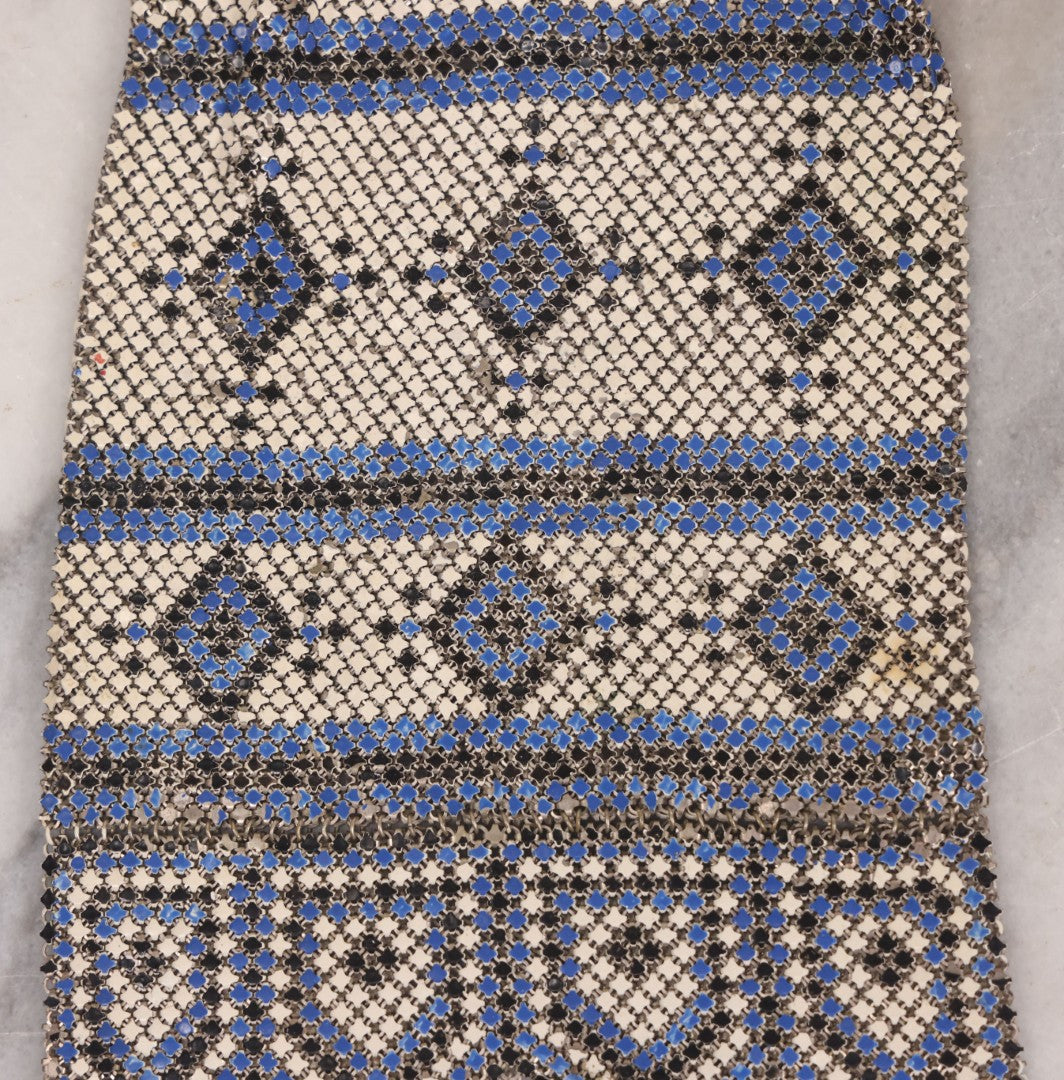 Lot 016 - Antique Enameled Metal Mesh Flapper Purse With Blue, Black, And White Coloring, Geometric Pattern, Manufactured By Whiting And Davis Co., Circa 1920s