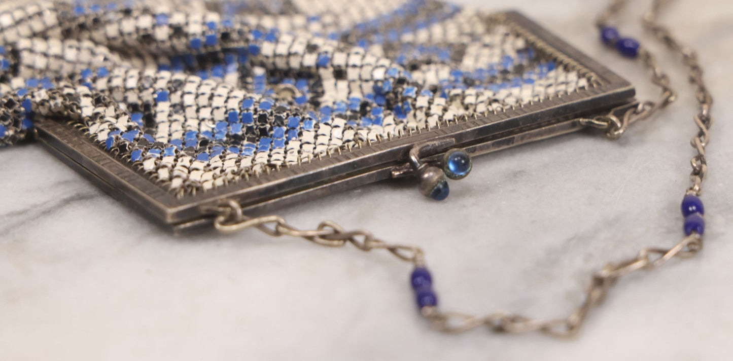 Lot 016 - Antique Enameled Metal Mesh Flapper Purse With Blue, Black, And White Coloring, Geometric Pattern, Manufactured By Whiting And Davis Co., Circa 1920s