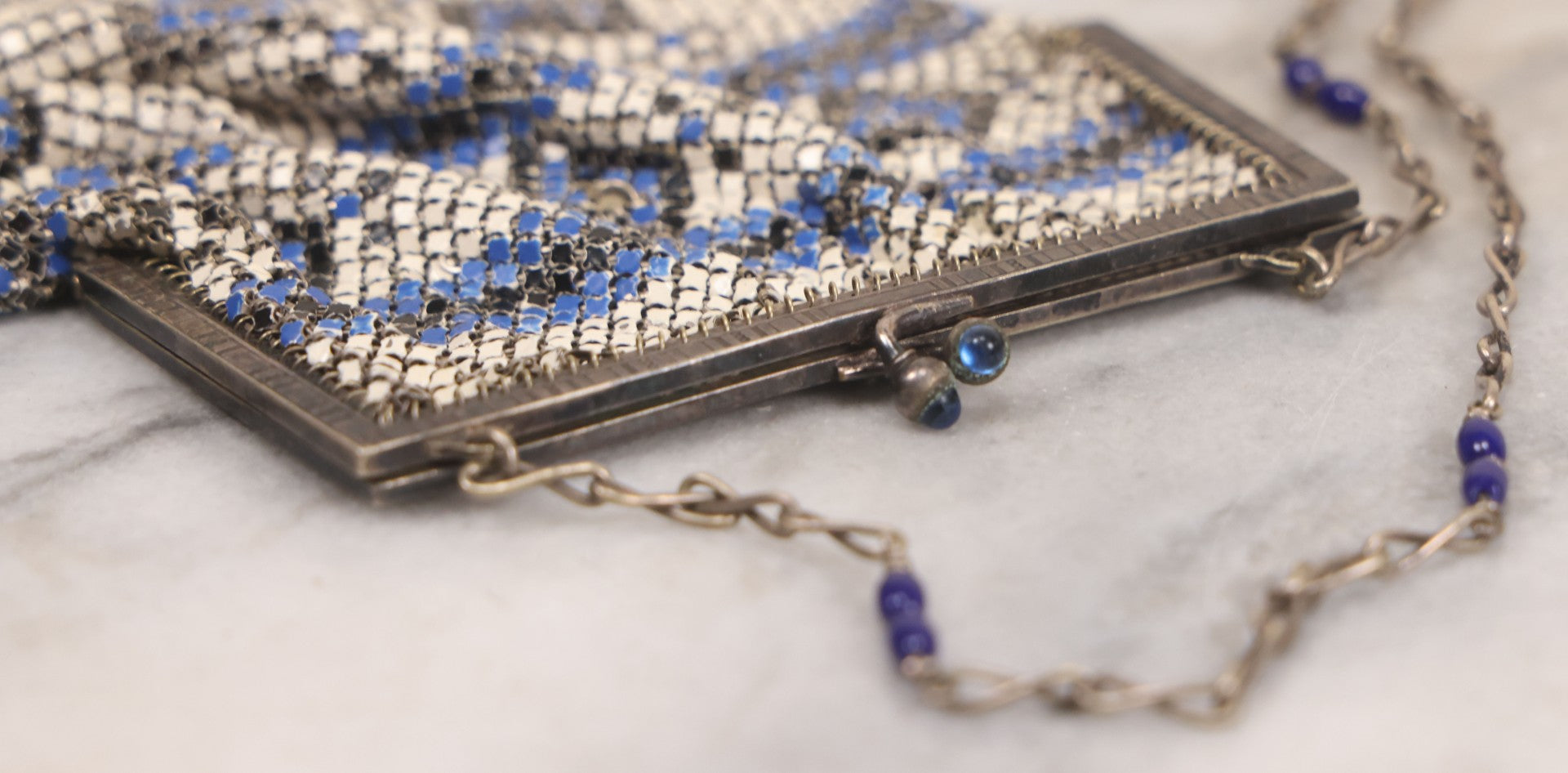 Lot 016 - Antique Enameled Metal Mesh Flapper Purse With Blue, Black, And White Coloring, Geometric Pattern, Manufactured By Whiting And Davis Co., Circa 1920s