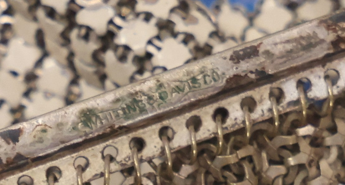 Lot 016 - Antique Enameled Metal Mesh Flapper Purse With Blue, Black, And White Coloring, Geometric Pattern, Manufactured By Whiting And Davis Co., Circa 1920s