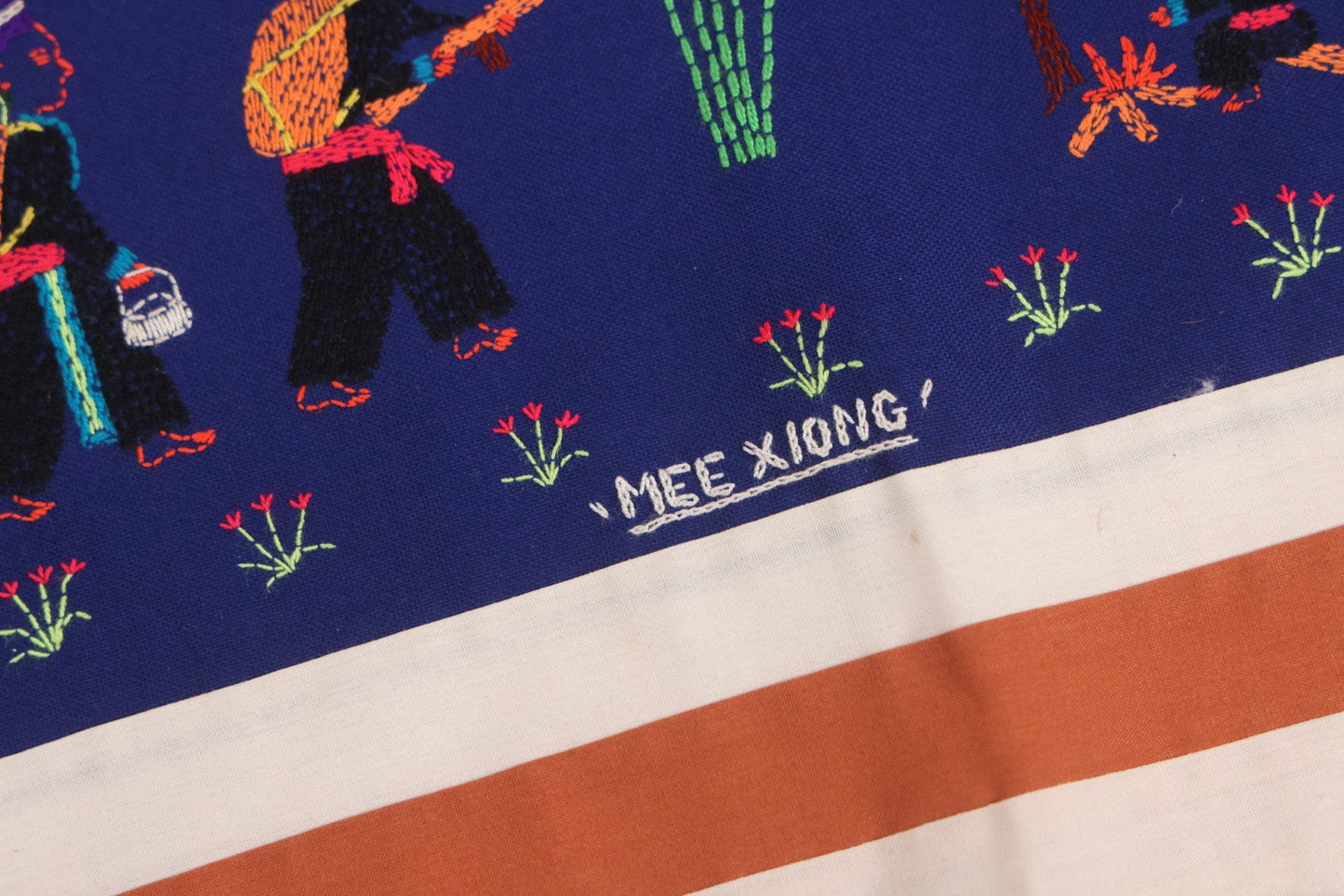 Lot 017 - Pair Of Vintage Folk Art Embroidered Hmong Story Cloths (Paj Ntaub) Illustrating "The War In Laos Since 1976" Across 13 Scenes, Artist Signed Mee Xiong, With Gallery Label From Cama Crafts, Made In Thailand, Circa 1990s