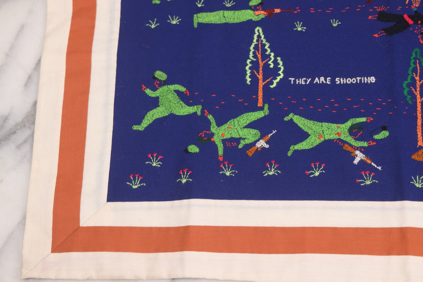 Lot 017 - Pair Of Vintage Folk Art Embroidered Hmong Story Cloths (Paj Ntaub) Illustrating "The War In Laos Since 1976" Across 13 Scenes, Artist Signed Mee Xiong, With Gallery Label From Cama Crafts, Made In Thailand, Circa 1990s