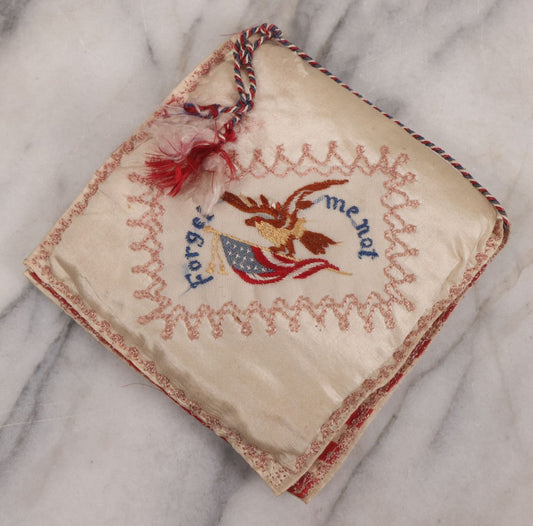 Lot 019 - Antique World War One Commemorative Souvenir "Forget-Me-Not" Silk Pillow Pouch With 48-Star Flag, Graphics Of Soldier And Sweetheart, "Spirit Of 1917"
