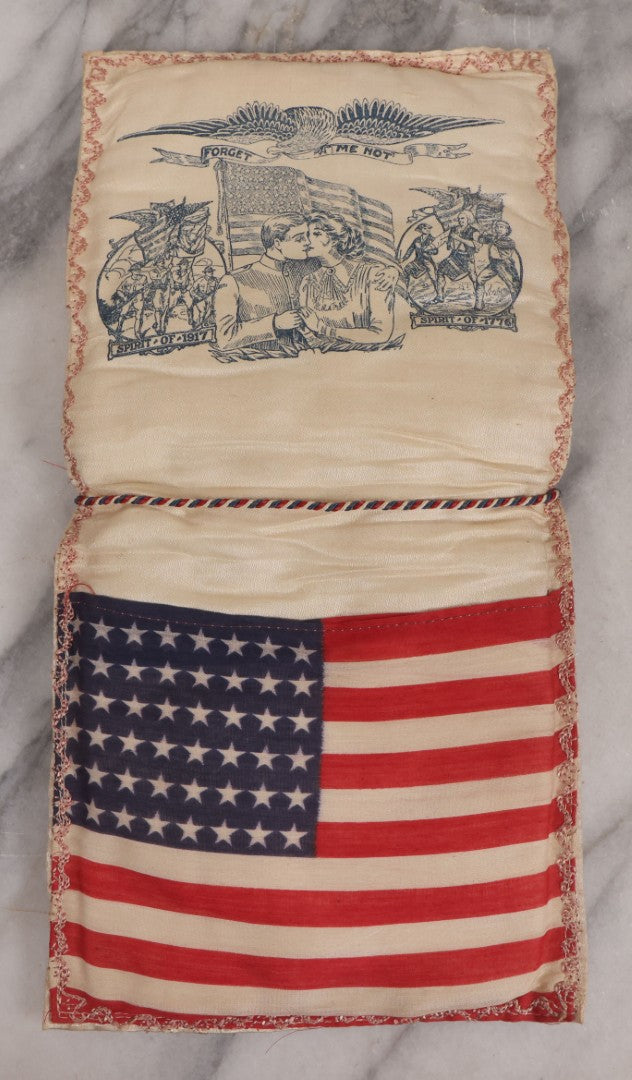Lot 019 - Antique World War One Commemorative Souvenir "Forget-Me-Not" Silk Pillow Pouch With 48-Star Flag, Graphics Of Soldier And Sweetheart, "Spirit Of 1917"