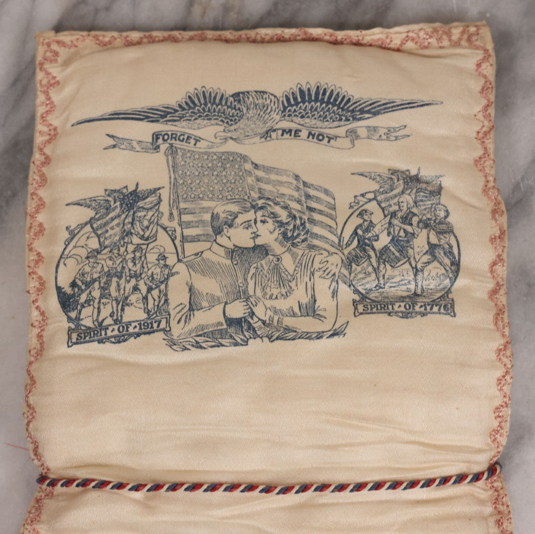 Lot 019 - Antique World War One Commemorative Souvenir "Forget-Me-Not" Silk Pillow Pouch With 48-Star Flag, Graphics Of Soldier And Sweetheart, "Spirit Of 1917"