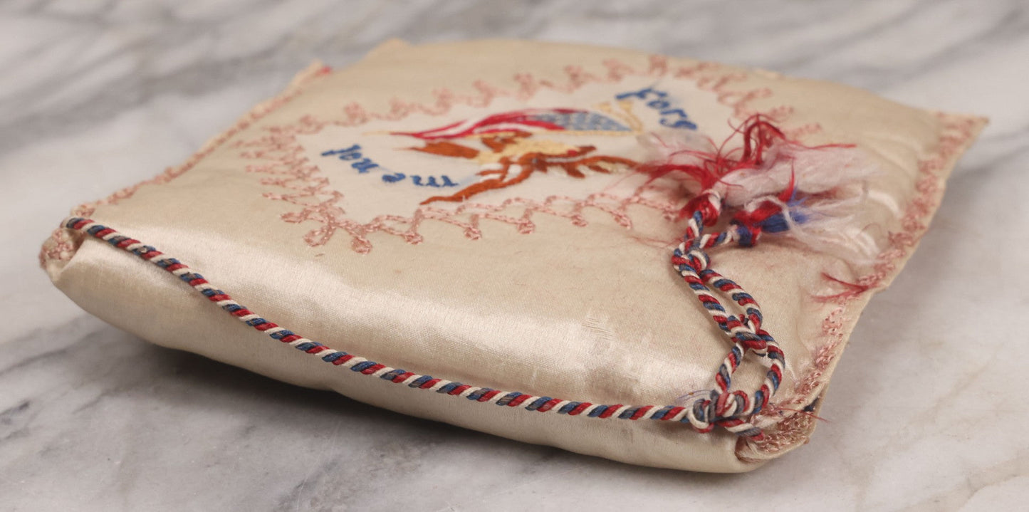 Lot 019 - Antique World War One Commemorative Souvenir "Forget-Me-Not" Silk Pillow Pouch With 48-Star Flag, Graphics Of Soldier And Sweetheart, "Spirit Of 1917"