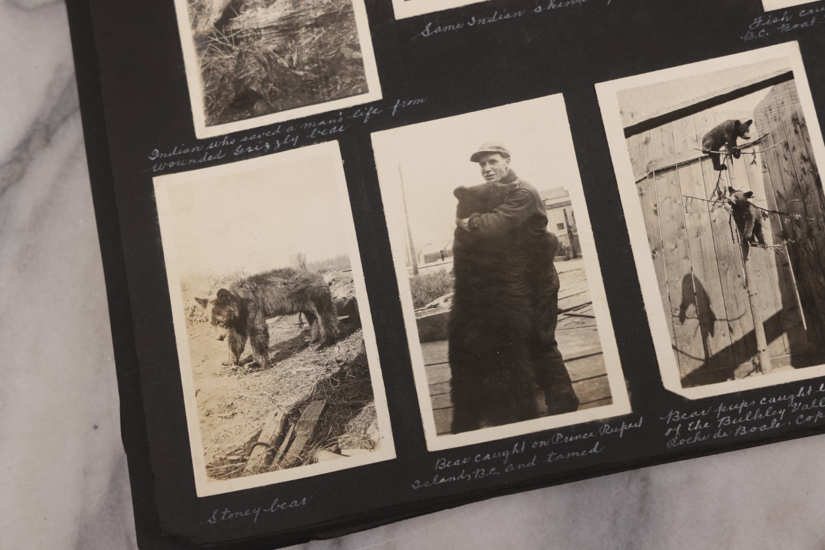 Lot 021 - Antique Snapshot Photo Album Containing 250+ Photographs Including Many Photos Of British Columbia, Railroad Accident, Bears And Bear Hunting, Animals, Cars, And Children, Circa 1905-1920, Note Pages Loose, No Covers