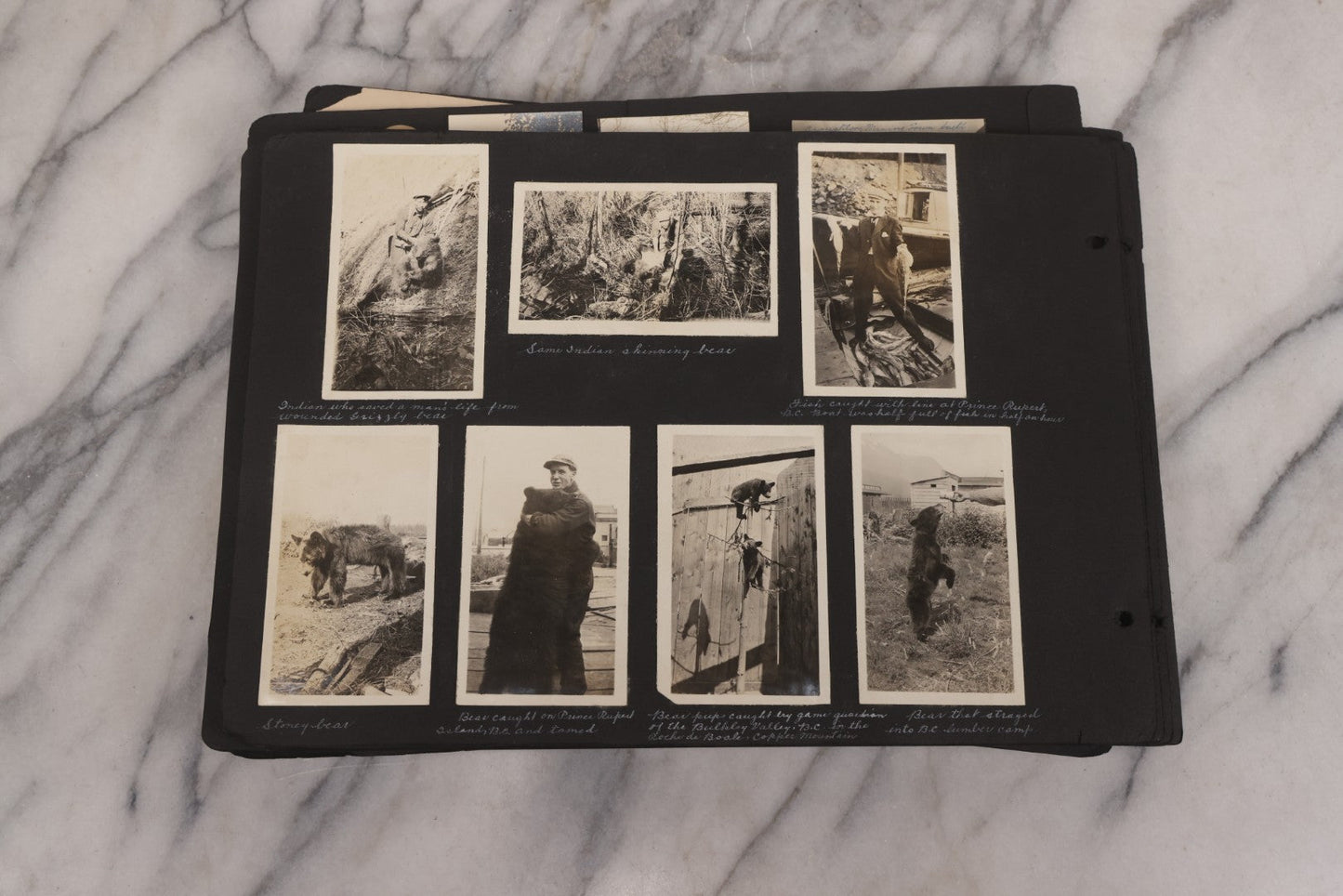 Lot 021 - Antique Snapshot Photo Album Containing 250+ Photographs Including Many Photos Of British Columbia, Railroad Accident, Bears And Bear Hunting, Animals, Cars, And Children, Circa 1905-1920, Note Pages Loose, No Covers