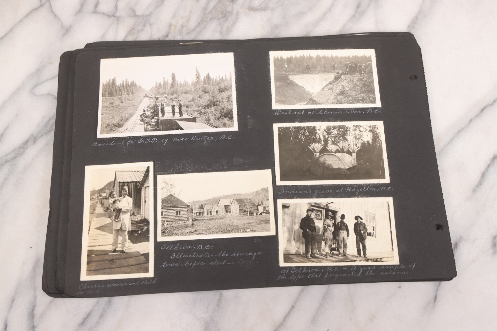Lot 021 - Antique Snapshot Photo Album Containing 250+ Photographs Including Many Photos Of British Columbia, Railroad Accident, Bears And Bear Hunting, Animals, Cars, And Children, Circa 1905-1920, Note Pages Loose, No Covers