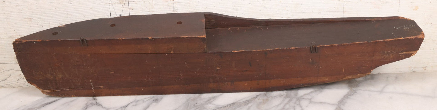 Lot 022 - Vintage Folk Art Wooden Ship Half-Hull Model Body Cross Section For Wall Display, Solid Wood Construction, Three Drilled Holes In Front Bow For Masts, Note Chipping And Cracks Throughout, 30" Length