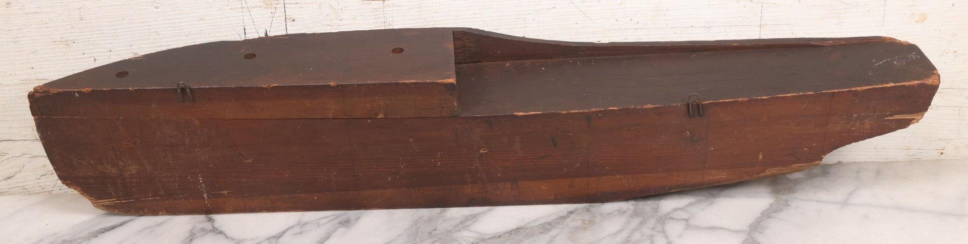 Lot 022 - Vintage Folk Art Wooden Ship Half-Hull Model Body Cross Section For Wall Display, Solid Wood Construction, Three Drilled Holes In Front Bow For Masts, Note Chipping And Cracks Throughout, 30" Length