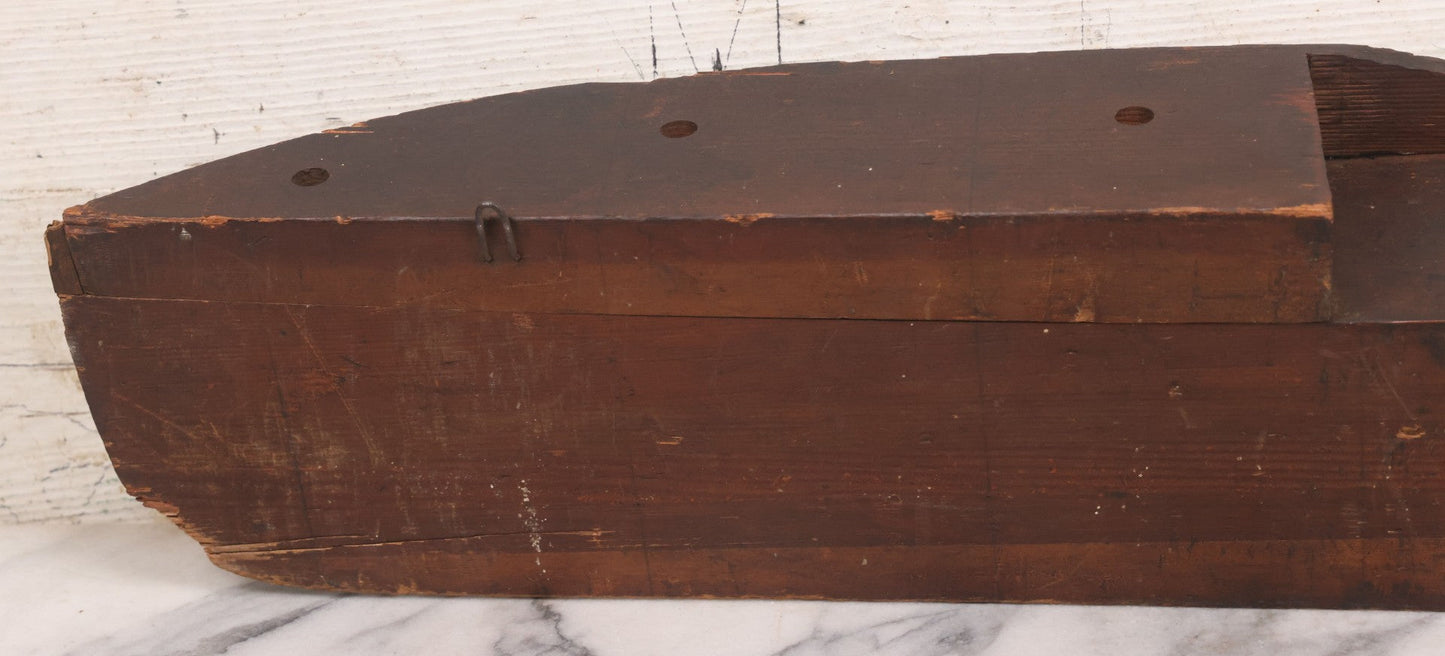 Lot 022 - Vintage Folk Art Wooden Ship Half-Hull Model Body Cross Section For Wall Display, Solid Wood Construction, Three Drilled Holes In Front Bow For Masts, Note Chipping And Cracks Throughout, 30" Length
