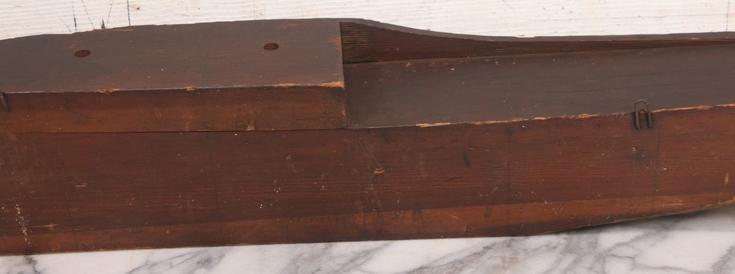 Lot 022 - Vintage Folk Art Wooden Ship Half-Hull Model Body Cross Section For Wall Display, Solid Wood Construction, Three Drilled Holes In Front Bow For Masts, Note Chipping And Cracks Throughout, 30" Length