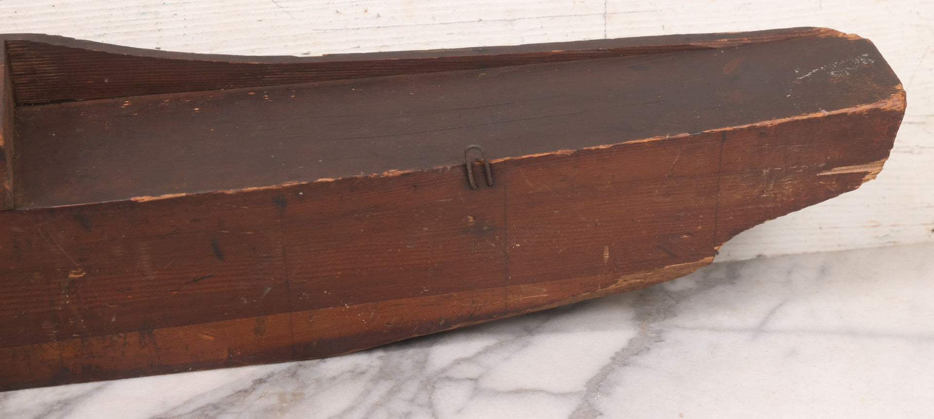 Lot 022 - Vintage Folk Art Wooden Ship Half-Hull Model Body Cross Section For Wall Display, Solid Wood Construction, Three Drilled Holes In Front Bow For Masts, Note Chipping And Cracks Throughout, 30" Length