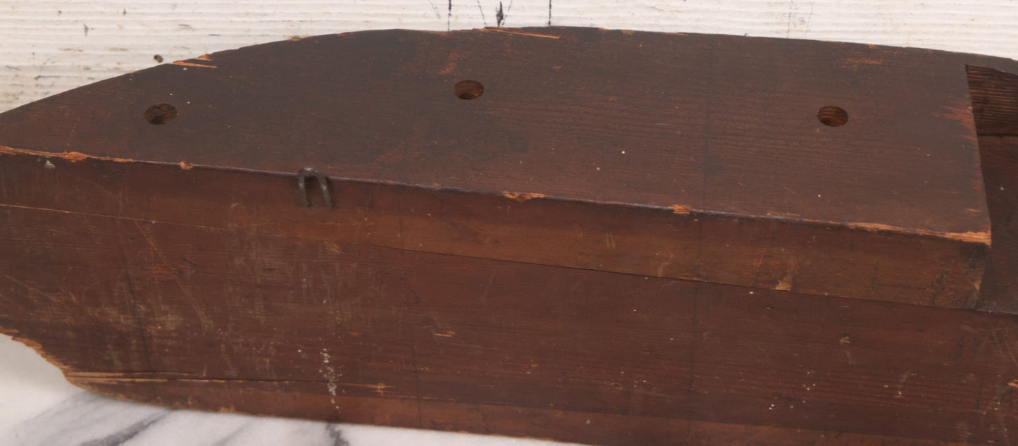 Lot 022 - Vintage Folk Art Wooden Ship Half-Hull Model Body Cross Section For Wall Display, Solid Wood Construction, Three Drilled Holes In Front Bow For Masts, Note Chipping And Cracks Throughout, 30" Length