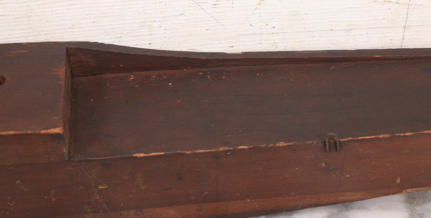 Lot 022 - Vintage Folk Art Wooden Ship Half-Hull Model Body Cross Section For Wall Display, Solid Wood Construction, Three Drilled Holes In Front Bow For Masts, Note Chipping And Cracks Throughout, 30" Length