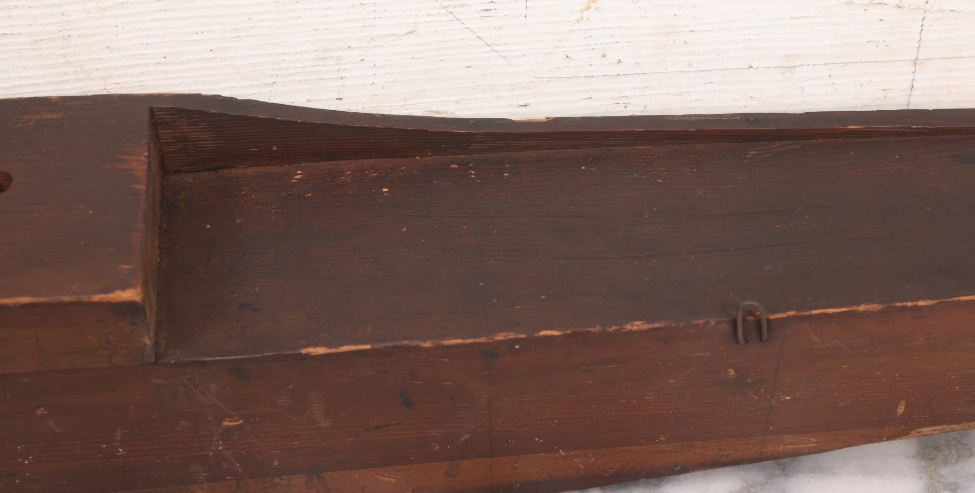 Lot 022 - Vintage Folk Art Wooden Ship Half-Hull Model Body Cross Section For Wall Display, Solid Wood Construction, Three Drilled Holes In Front Bow For Masts, Note Chipping And Cracks Throughout, 30" Length