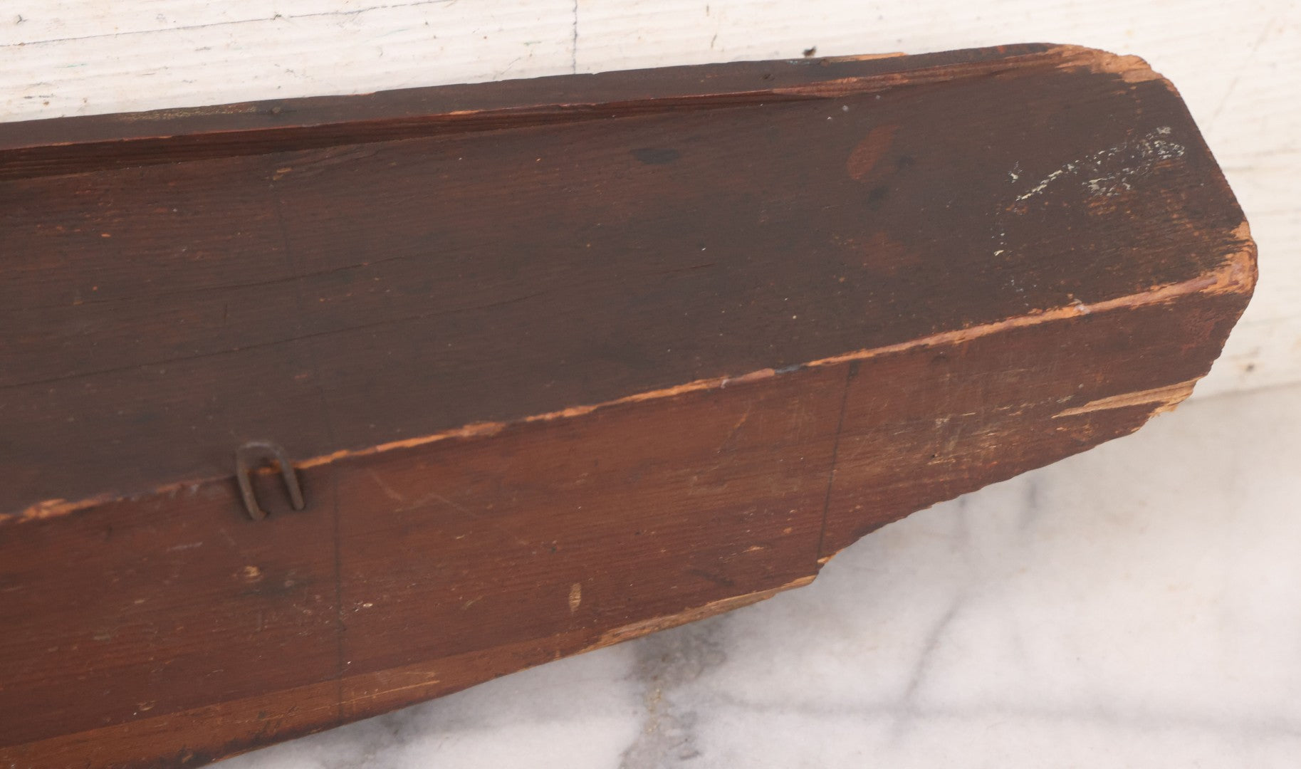 Lot 022 - Vintage Folk Art Wooden Ship Half-Hull Model Body Cross Section For Wall Display, Solid Wood Construction, Three Drilled Holes In Front Bow For Masts, Note Chipping And Cracks Throughout, 30" Length