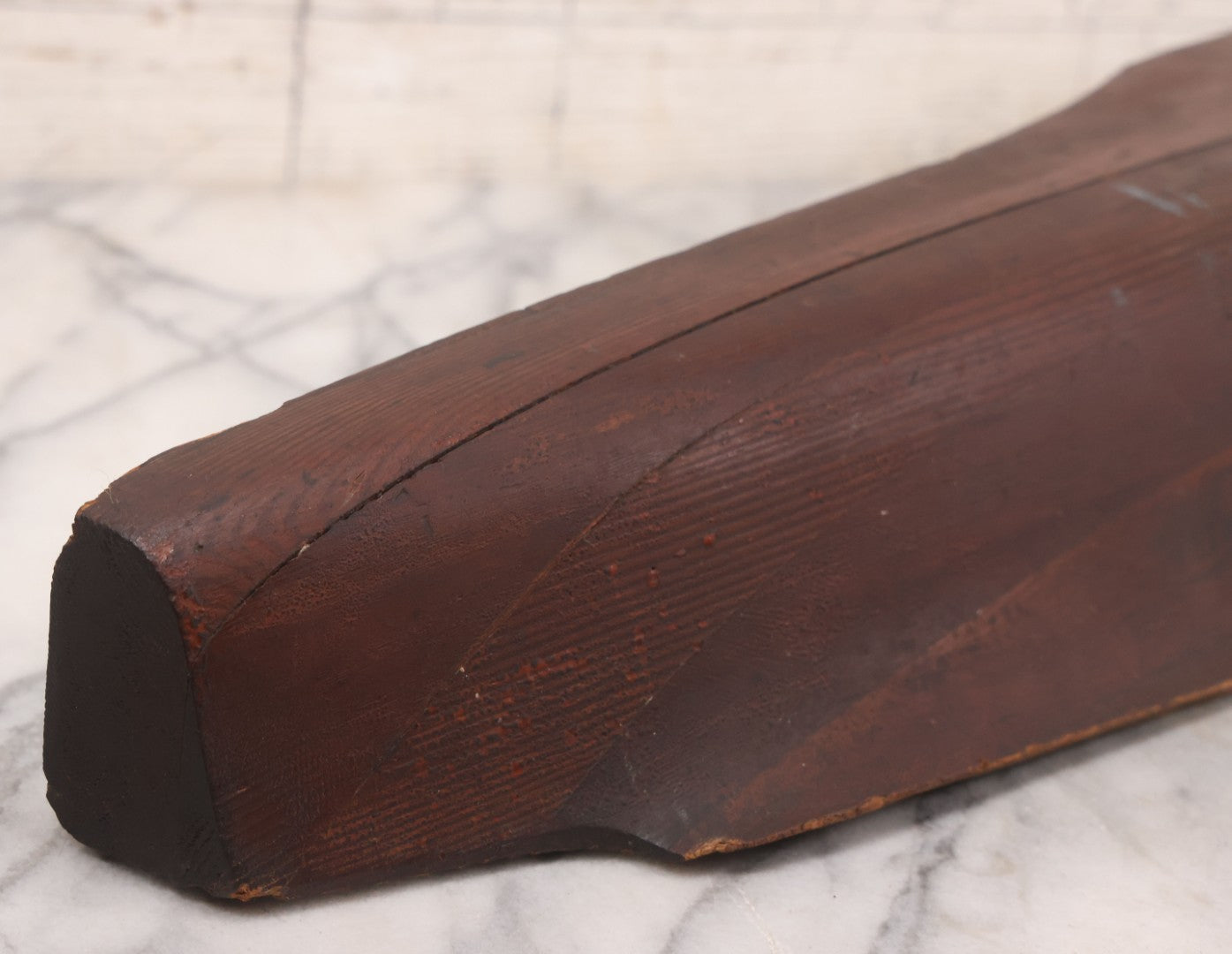 Lot 022 - Vintage Folk Art Wooden Ship Half-Hull Model Body Cross Section For Wall Display, Solid Wood Construction, Three Drilled Holes In Front Bow For Masts, Note Chipping And Cracks Throughout, 30" Length