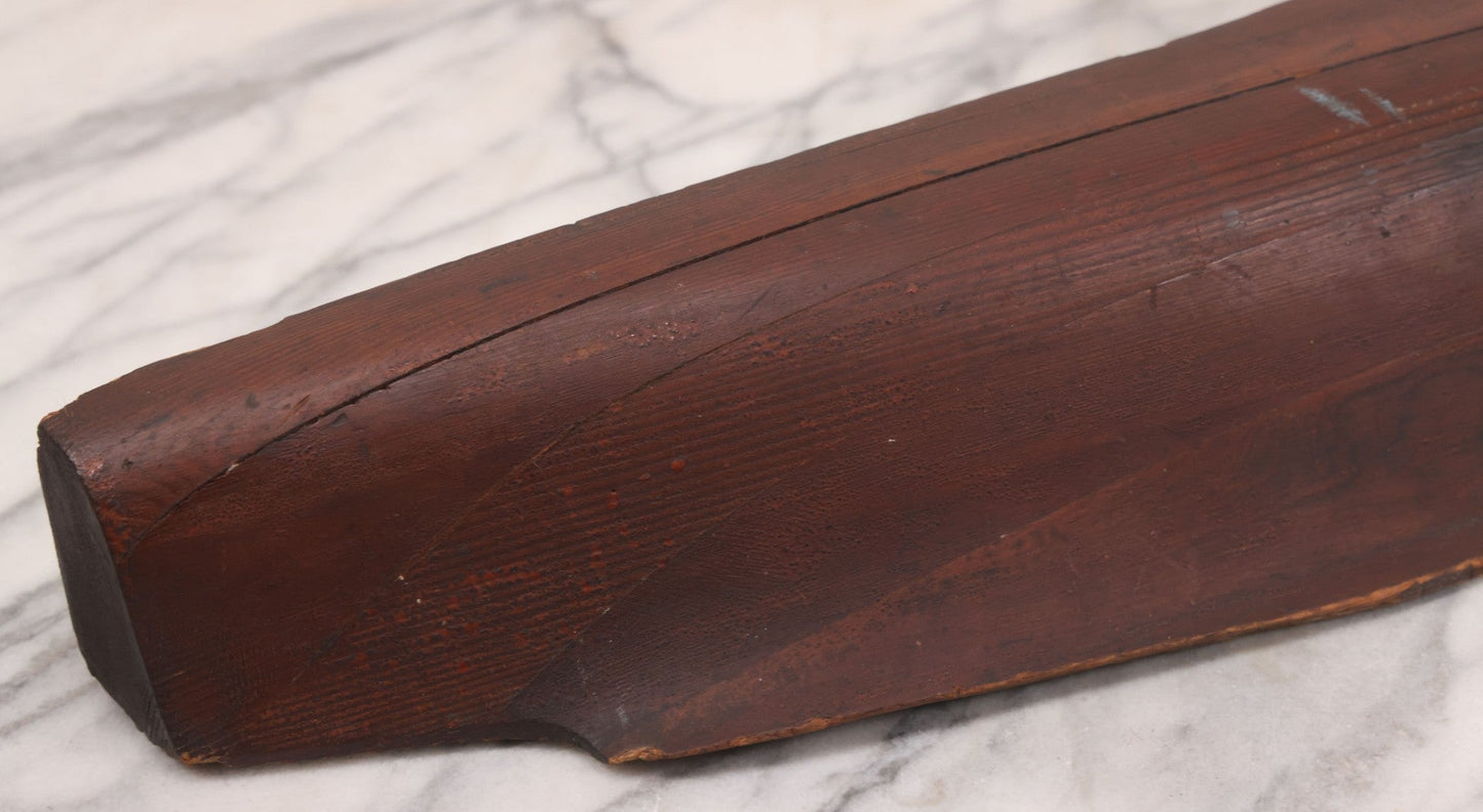 Lot 022 - Vintage Folk Art Wooden Ship Half-Hull Model Body Cross Section For Wall Display, Solid Wood Construction, Three Drilled Holes In Front Bow For Masts, Note Chipping And Cracks Throughout, 30" Length