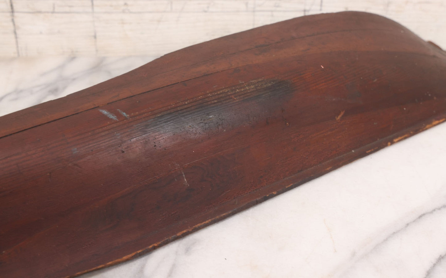 Lot 022 - Vintage Folk Art Wooden Ship Half-Hull Model Body Cross Section For Wall Display, Solid Wood Construction, Three Drilled Holes In Front Bow For Masts, Note Chipping And Cracks Throughout, 30" Length