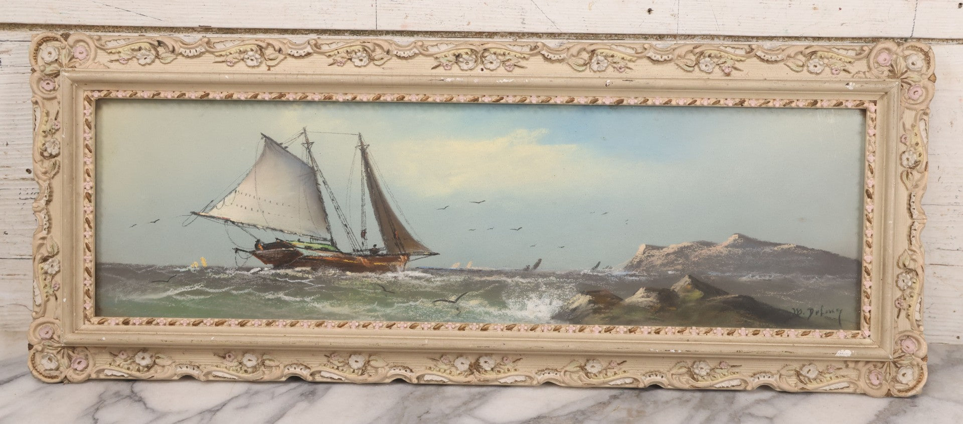 Lot 024 - Antique Nautical Pastel Painting Of A Sailing Ship On Choppy Waters, With Coastal Mountains, Other Ships In Background, Artist Signed M. Dulmy, In Original Painted Pressed Gesso Custom Frame, 23" x 9"