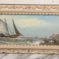 Lot 024 - Antique Nautical Pastel Painting Of A Sailing Ship On Choppy Waters, With Coastal Mountains, Other Ships In Background, Artist Signed M. Dulmy, In Original Painted Pressed Gesso Custom Frame, 23" x 9"