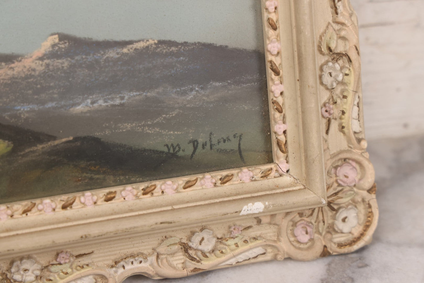 Lot 024 - Antique Nautical Pastel Painting Of A Sailing Ship On Choppy Waters, With Coastal Mountains, Other Ships In Background, Artist Signed M. Dulmy, In Original Painted Pressed Gesso Custom Frame, 23" x 9"