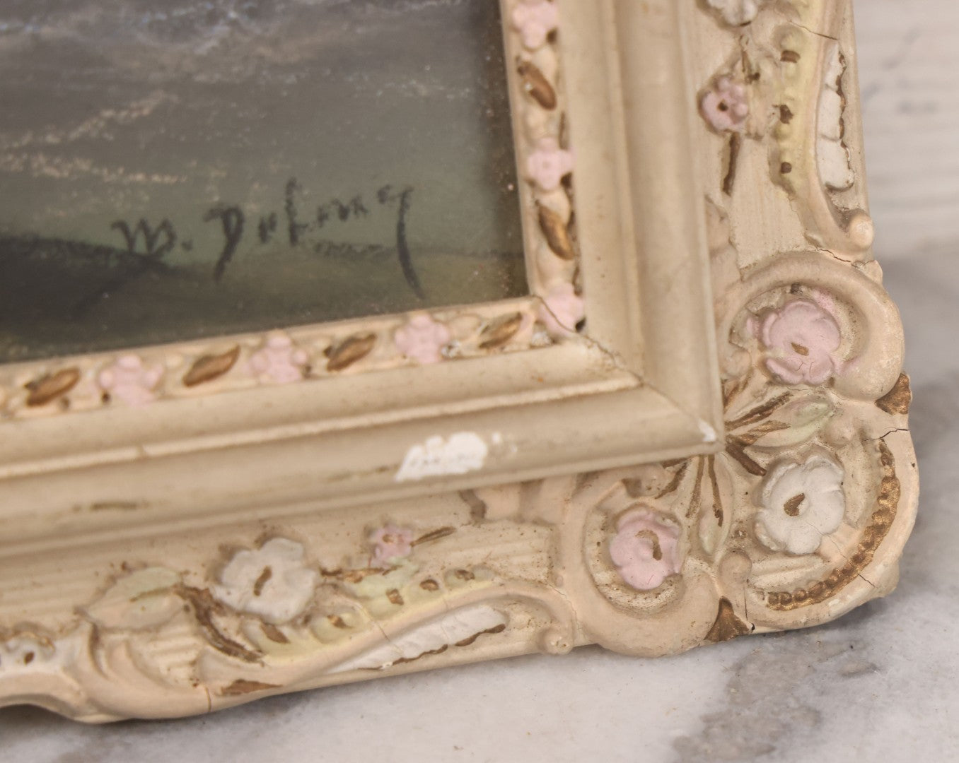 Lot 024 - Antique Nautical Pastel Painting Of A Sailing Ship On Choppy Waters, With Coastal Mountains, Other Ships In Background, Artist Signed M. Dulmy, In Original Painted Pressed Gesso Custom Frame, 23" x 9"