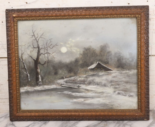 Lot 025 - Antique Pastel Painting Of Lake Cabin Winter Night Scene With Moon, Bare Trees And Bridge, In Original Ornate Gesso Frame, Signed B.J.G., 19-1/2" x 15-5/8"