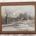 Lot 025 - Antique Pastel Painting Of Lake Cabin Winter Night Scene With Moon, Bare Trees And Bridge, In Original Ornate Gesso Frame, Signed B.J.G., 19-1/2" x 15-5/8"
