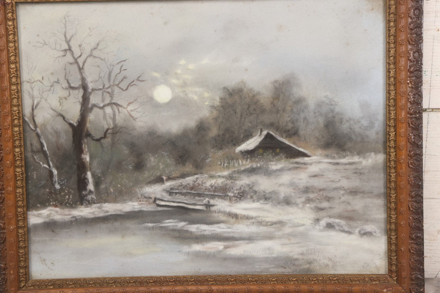 Lot 025 - Antique Pastel Painting Of Lake Cabin Winter Night Scene With Moon, Bare Trees And Bridge, In Original Ornate Gesso Frame, Signed B.J.G., 19-1/2" x 15-5/8"