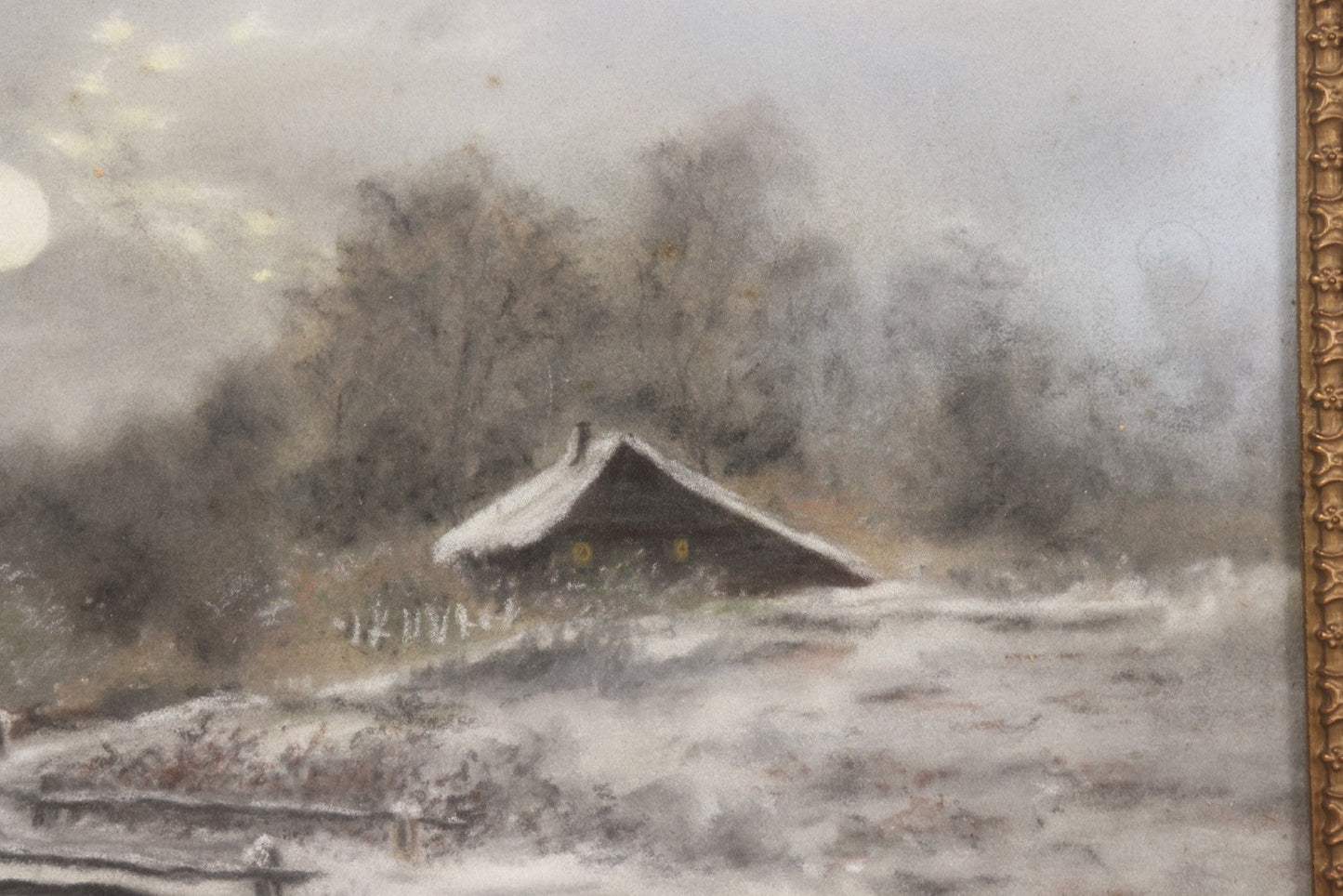 Lot 025 - Antique Pastel Painting Of Lake Cabin Winter Night Scene With Moon, Bare Trees And Bridge, In Original Ornate Gesso Frame, Signed B.J.G., 19-1/2" x 15-5/8"