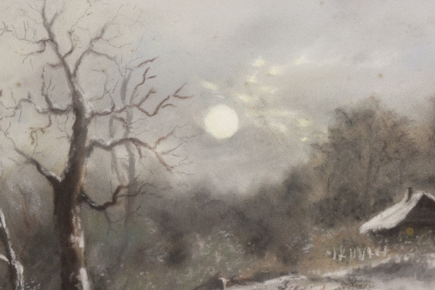 Lot 025 - Antique Pastel Painting Of Lake Cabin Winter Night Scene With Moon, Bare Trees And Bridge, In Original Ornate Gesso Frame, Signed B.J.G., 19-1/2" x 15-5/8"